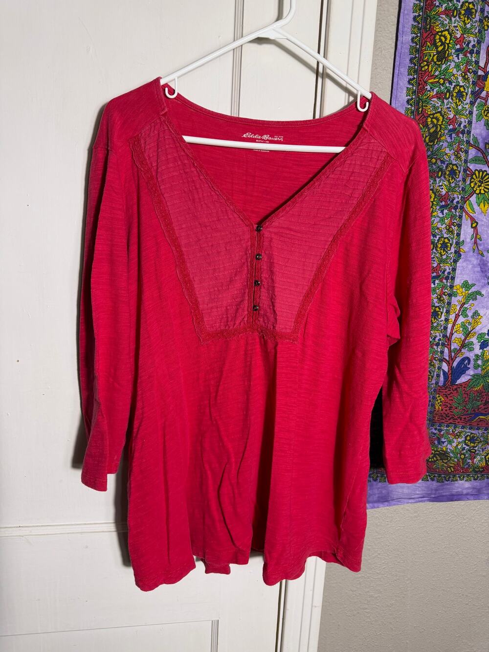Eddie Bauer XXL Red Boho Peasant Top Pintuck Lace Henley 3/4 Sleeve Tunic